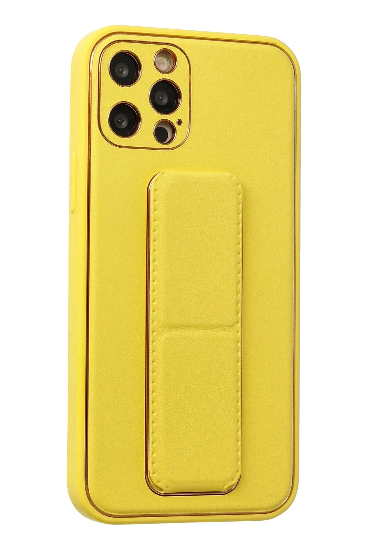 Newface iPhone 12 Pro Kılıf Coco Deri Standlı Kapak - Sarı
