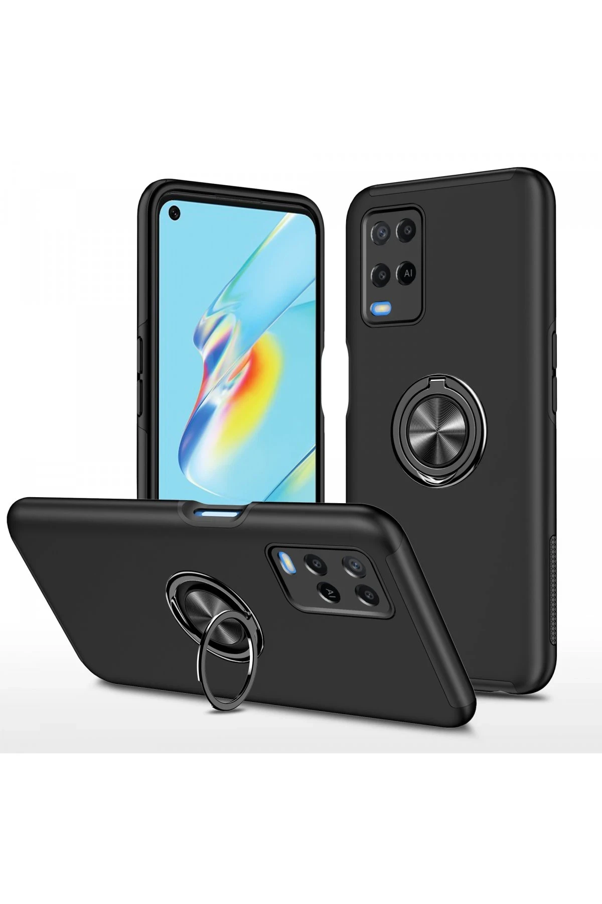 Newface Oppo A54 4G Kılıf Elit Yüzüklü Kapak - Siyah