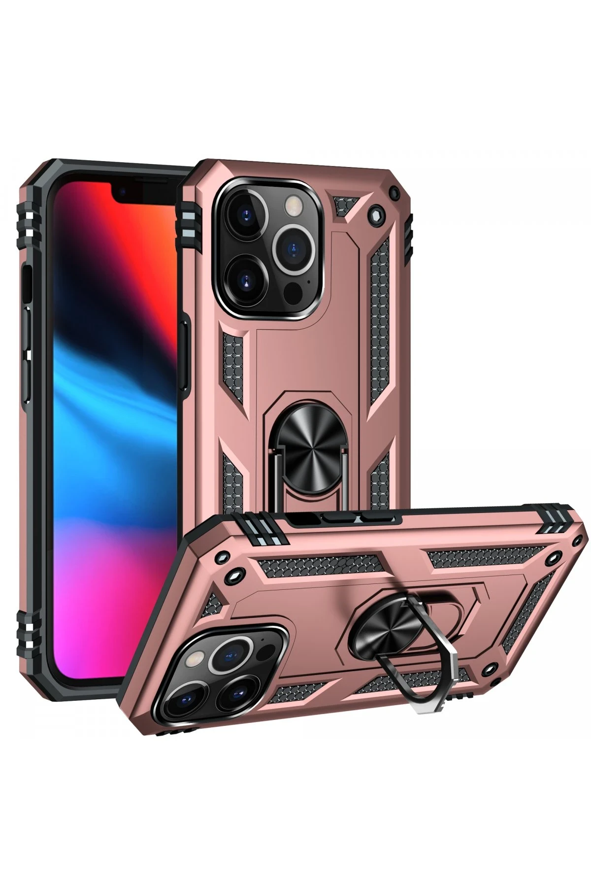 Newface iPhone 13 Pro Max Kılıf Sofya Yüzüklü Silikon Kapak - Rose