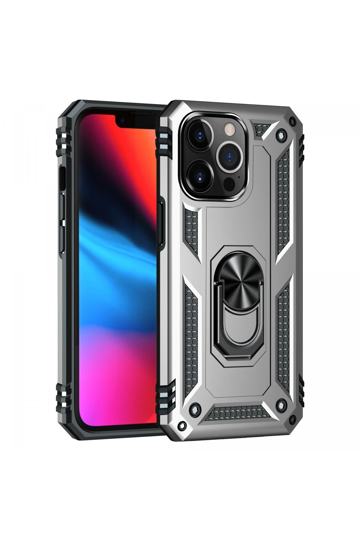 Newface iPhone 13 Pro Kılıf Sofya Yüzüklü Silikon Kapak - Gümüş