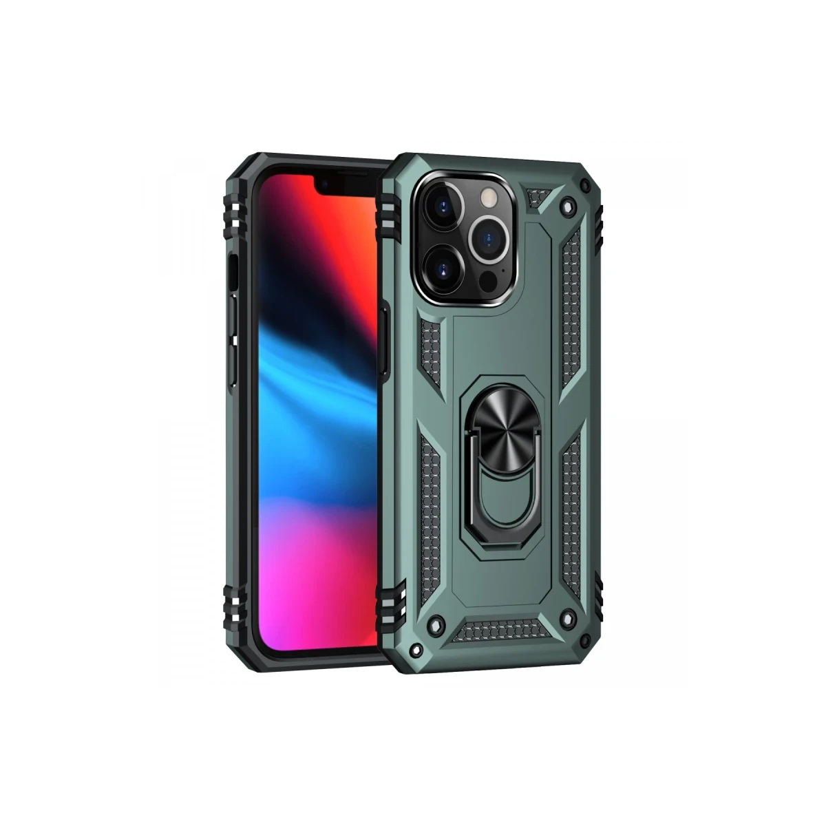 Newface Apple iPhone 13 Pro Kılıf Sofya Yüzüklü Silikon Kapak - Yeşil