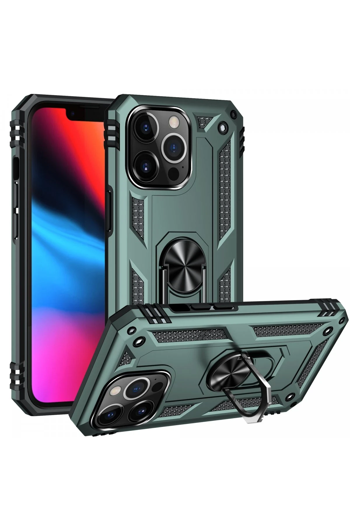 Newface iPhone 13 Pro Kılıf Sofya Yüzüklü Silikon Kapak - Yeşil