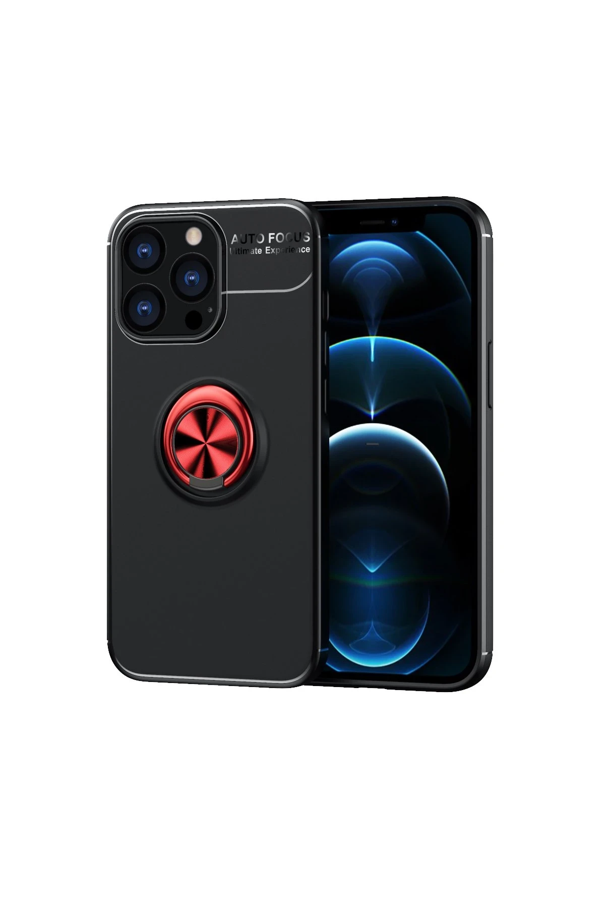 Newface iPhone 13 Pro Max Kılıf Range Yüzüklü Silikon - Siyah-Kırmızı