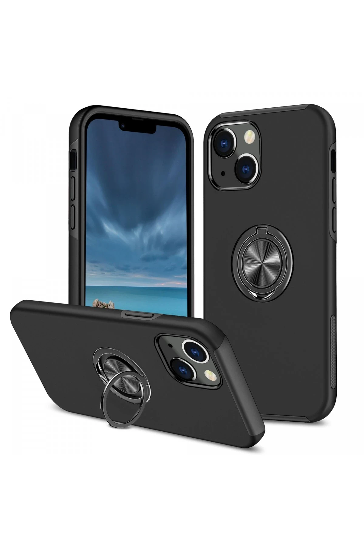 Newface Apple iPhone 13 Kılıf Elit Yüzüklü Kapak - Siyah