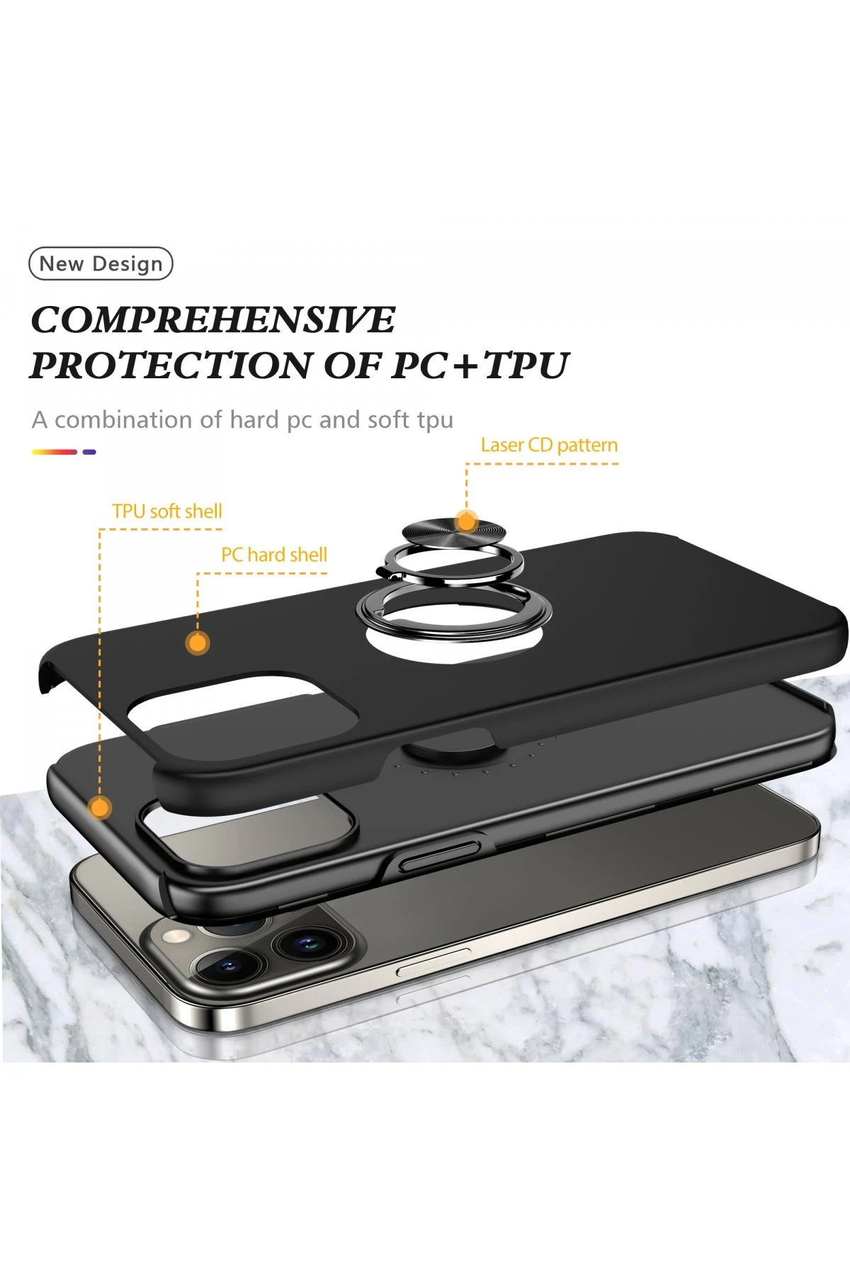 Newface iPhone 13 Pro Kılıf Elit Yüzüklü Kapak - Siyah