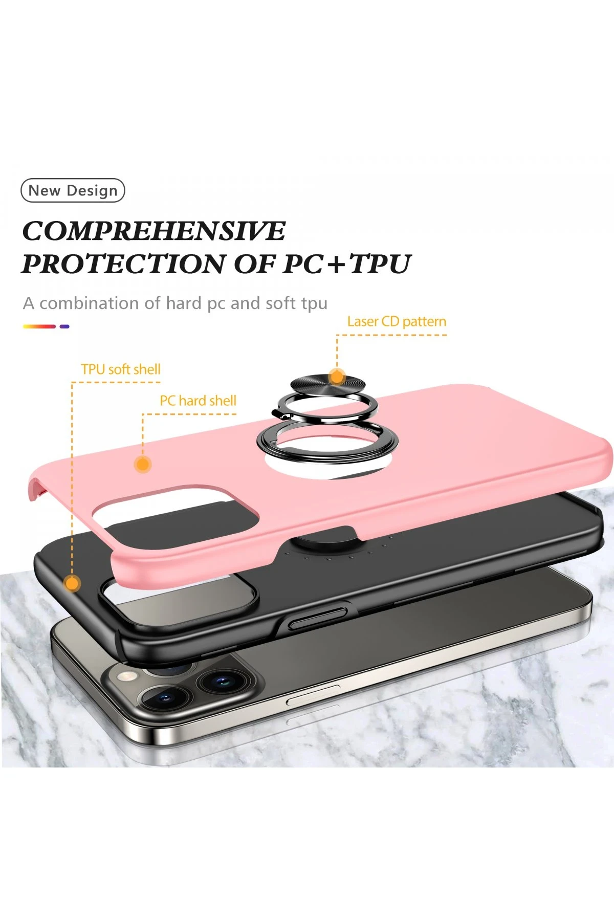 Newface iPhone 13 Pro Kılıf Elit Yüzüklü Kapak - Pembe