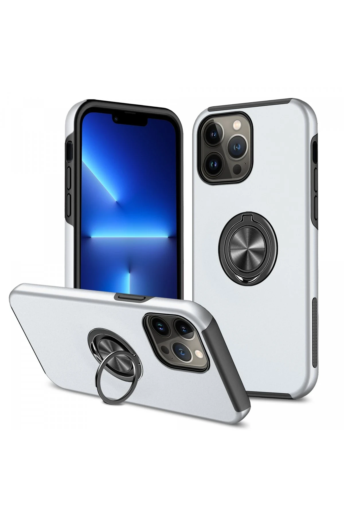 Newface iPhone 13 Pro Kılıf Elit Yüzüklü Kapak - Gümüş