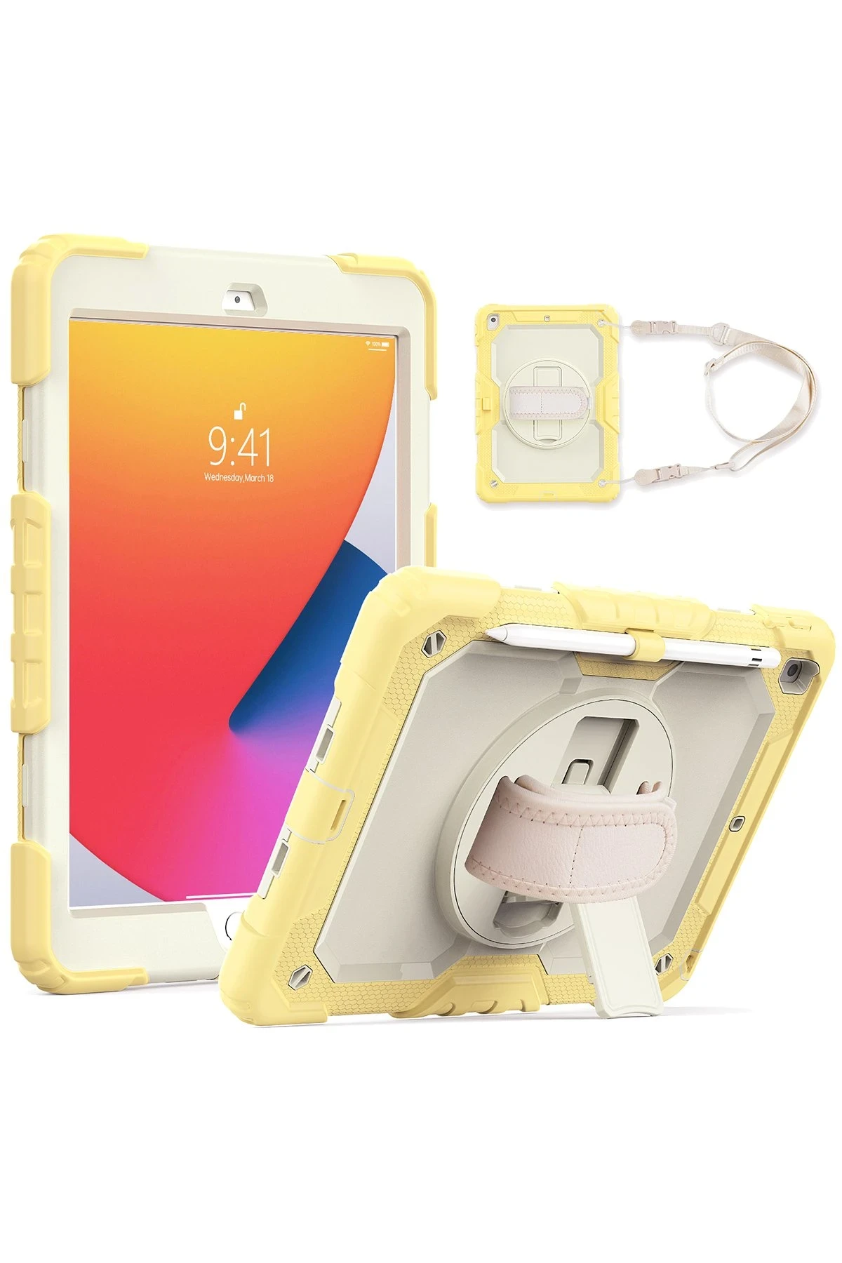 Newface iPad 10.2 (7.nesil) Kılıf Strap New Tablet Kapak - Sarı