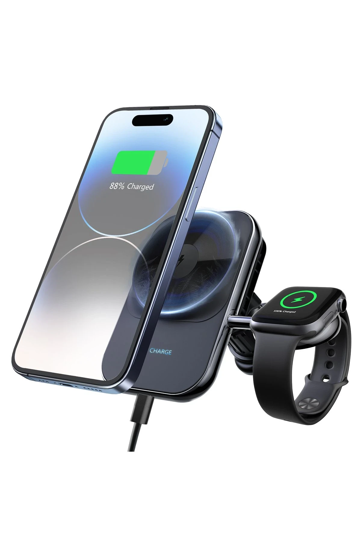 Newface S15 2in1 Izgara Klipsli 15W Telefon ve 5W Apple Watch Kablosuz Şarj Destekli Soğutucu Fanlı Manyetik Magsafe Araç Tutucu - Siyah — görsel 2