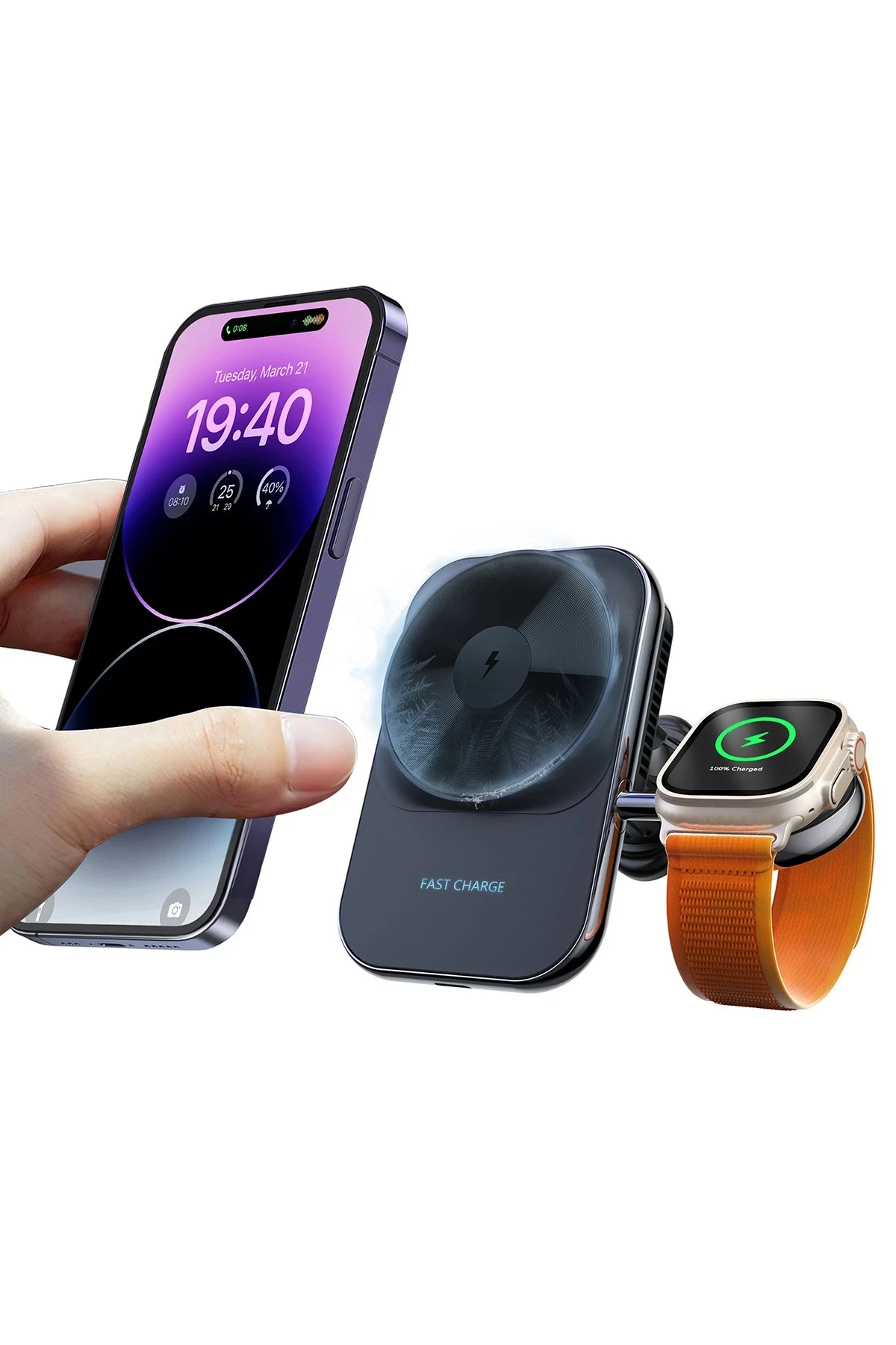 Newface S15 2in1 Izgara Klipsli 15W Telefon ve 5W Apple Watch Kablosuz Şarj Destekli Soğutucu Fanlı Manyetik Magsafe Araç Tutucu - Siyah — görsel 3