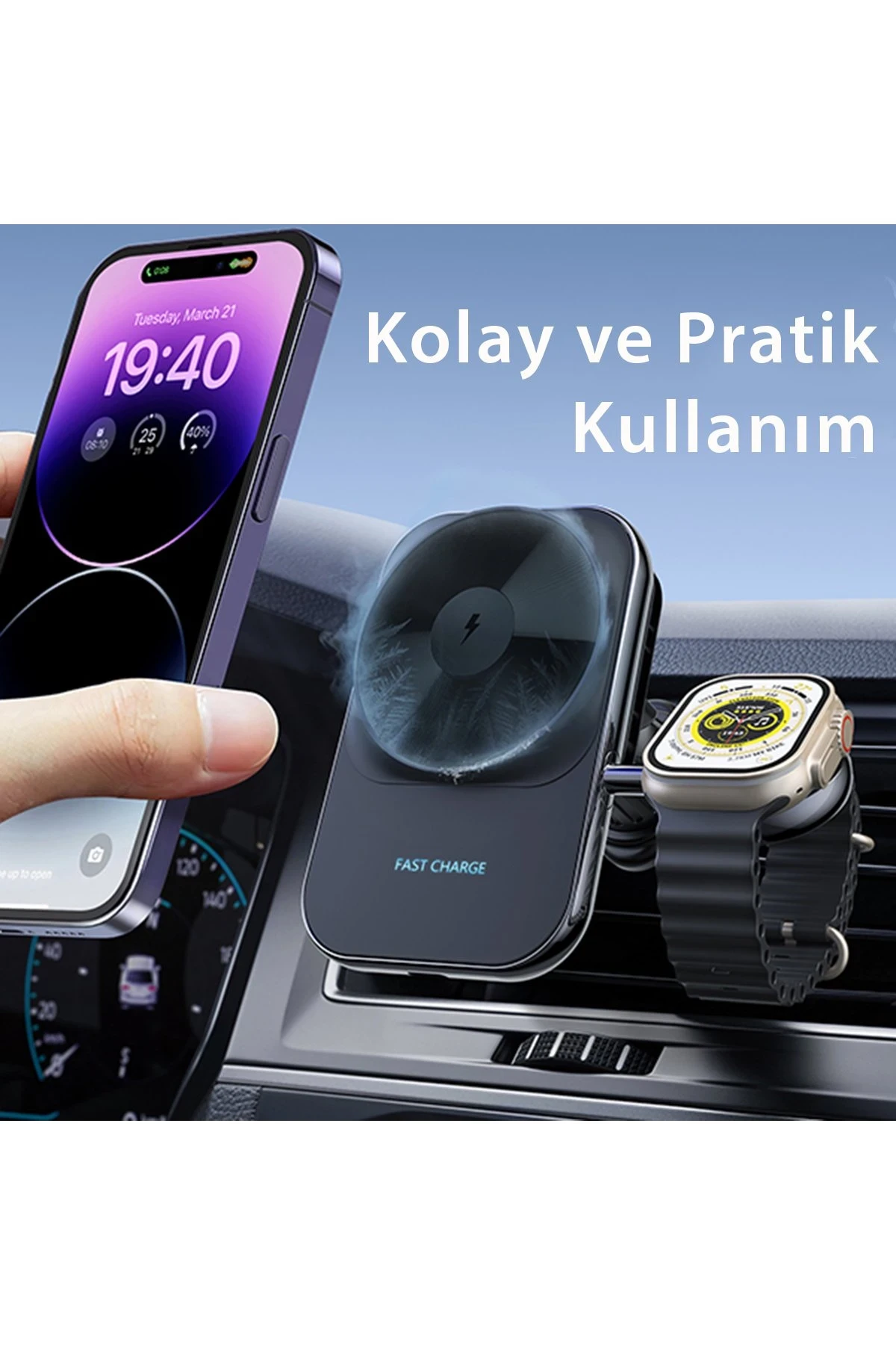 Newface S15 2in1 Izgara Klipsli 15W Telefon ve 5W Apple Watch Kablosuz Şarj Destekli Soğutucu Fanlı Manyetik Magsafe Araç Tutucu - Siyah — görsel 4