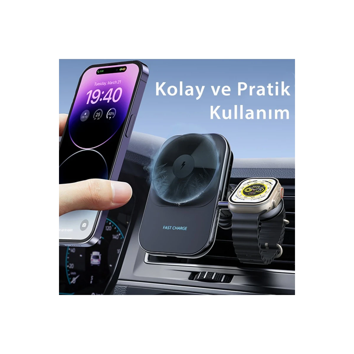 Newface S15 2in1 Izgara Klipsli 15W Telefon ve 5W Apple Watch Kablosuz Şarj Destekli Soğutucu Fanlı Manyetik Magsafe Araç Tutucu - Siyah — görsel 11