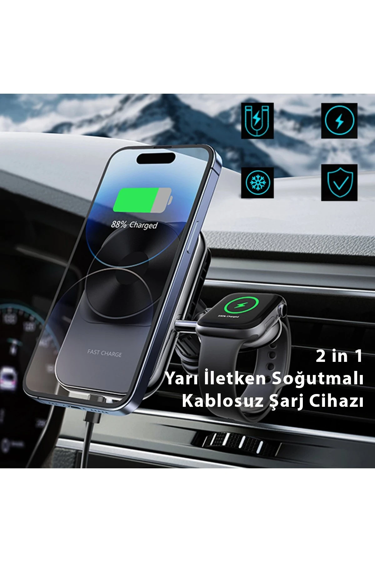 Newface S15 2in1 Izgara Klipsli 15W Telefon ve 5W Apple Watch Kablosuz Şarj Destekli Soğutucu Fanlı Manyetik Magsafe Araç Tutucu - Siyah — görsel 5