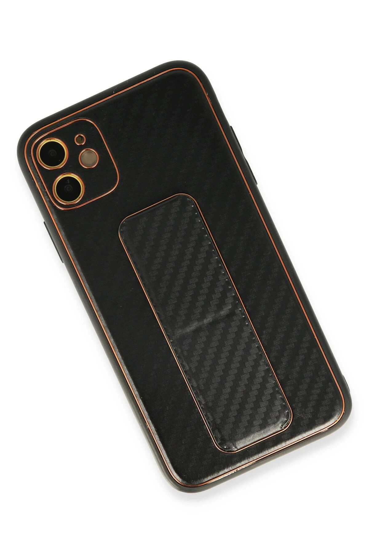Newface iPhone 12 Kılıf Coco Karbon Standlı Kapak - Siyah