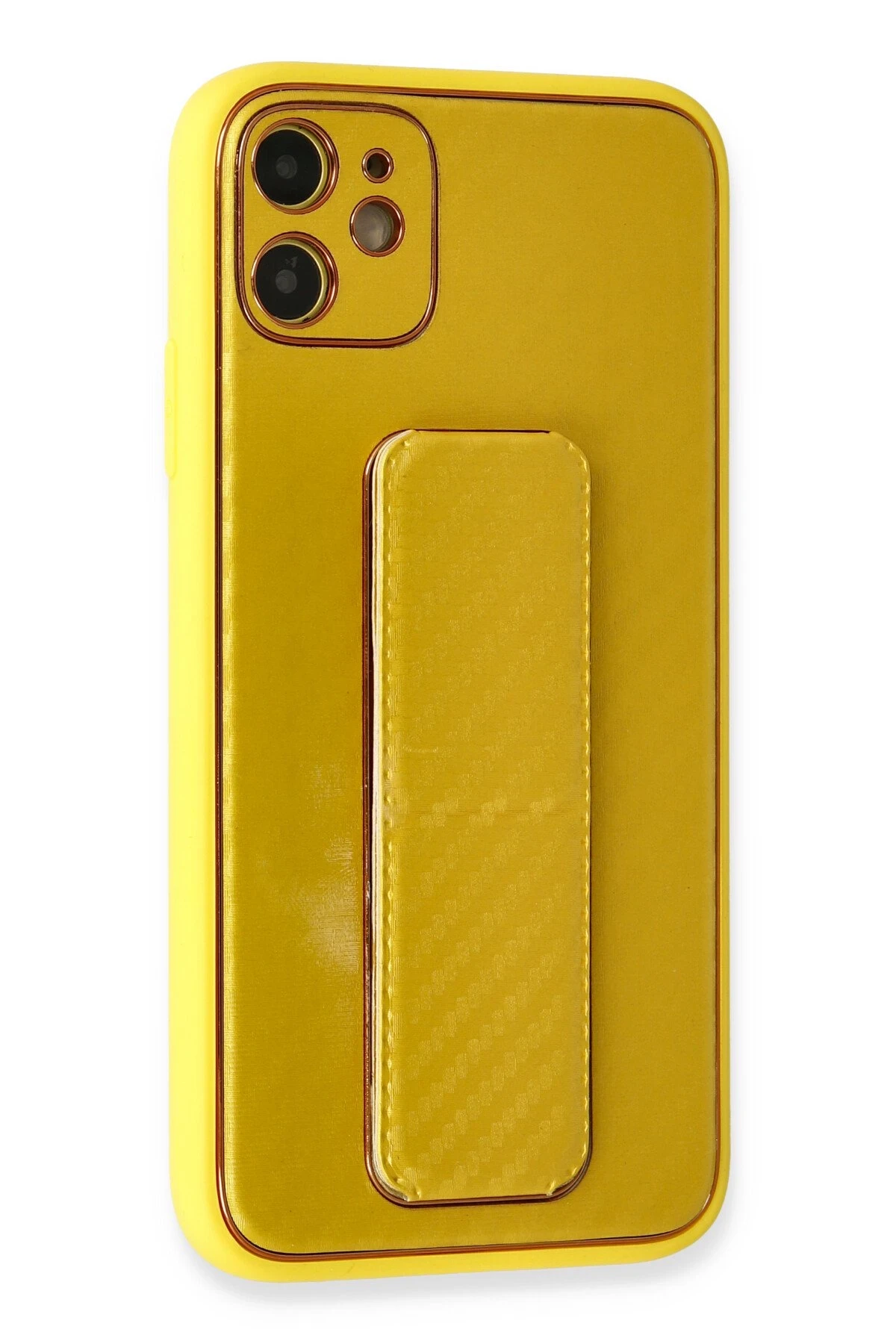 Newface iPhone 12 Kılıf Coco Karbon Standlı Kapak - Sarı