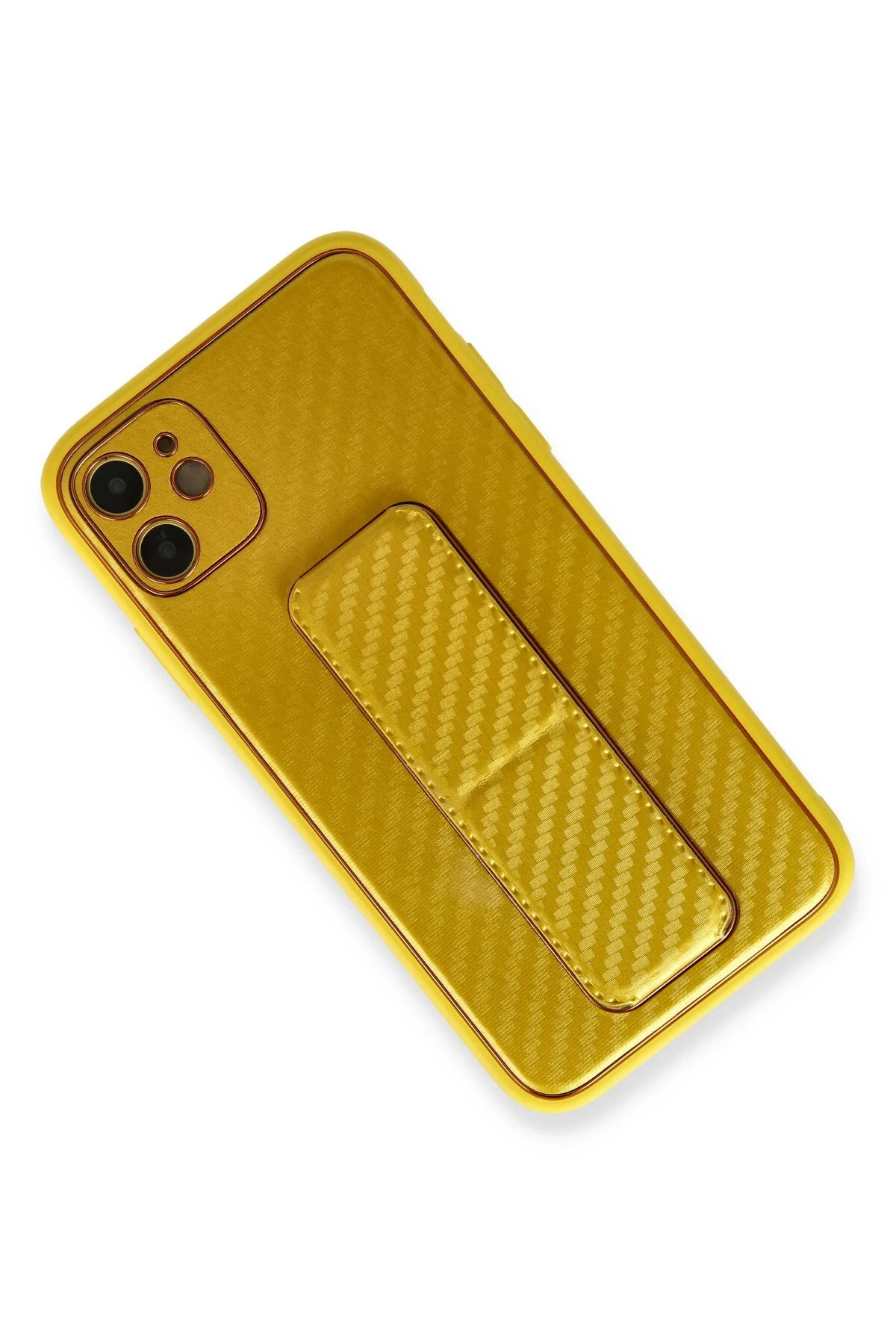 Newface iPhone 12 Kılıf Coco Karbon Standlı Kapak - Sarı
