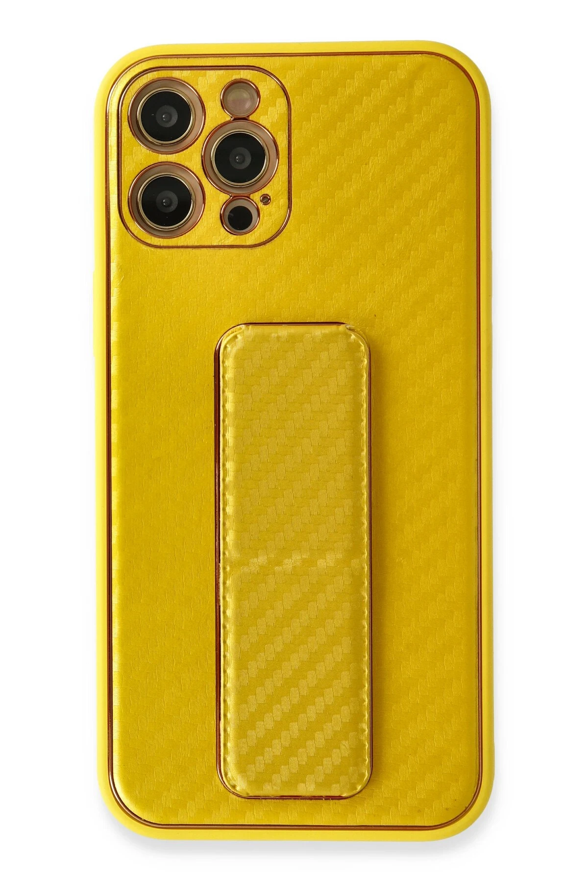 Newface iPhone 12 Pro Kılıf Coco Karbon Standlı Kapak - Sarı