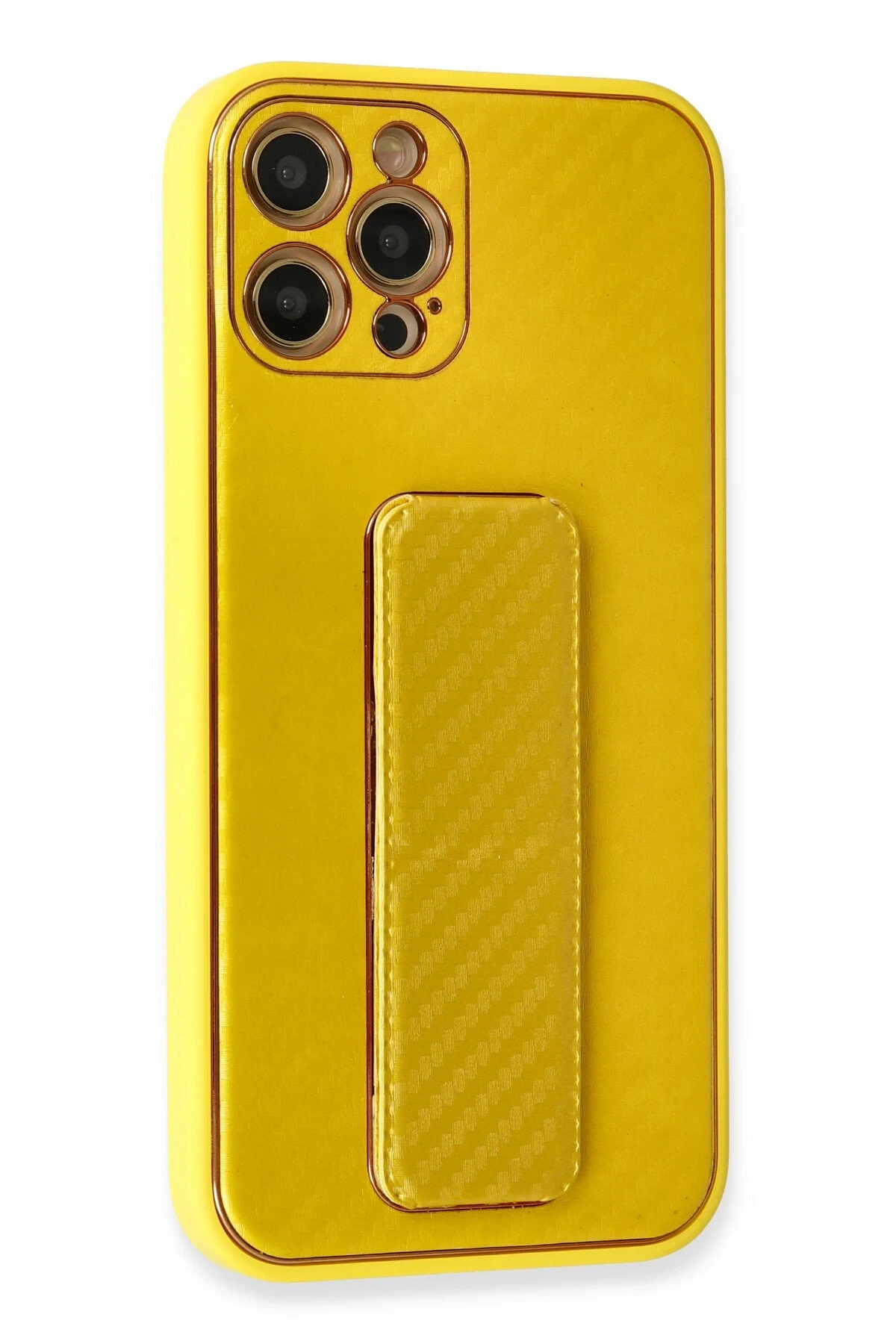 Newface iPhone 12 Pro Kılıf Coco Karbon Standlı Kapak - Sarı