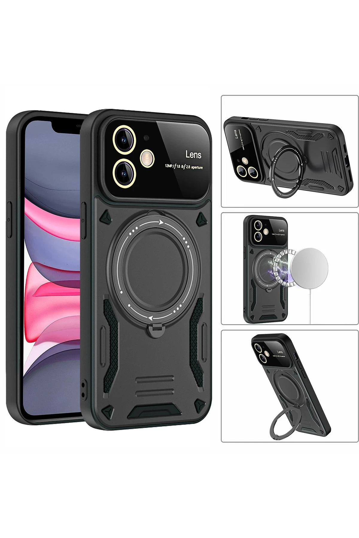 Newface iPhone 11 Kılıf Joy Lens Standlı Kapak - Siyah