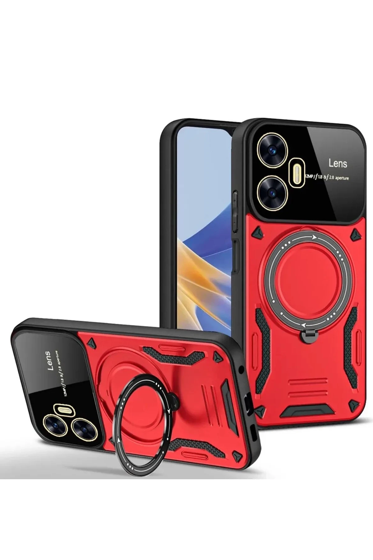 Newface Realme C55 Kılıf Joy Lens Standlı Kapak - Kırmızı