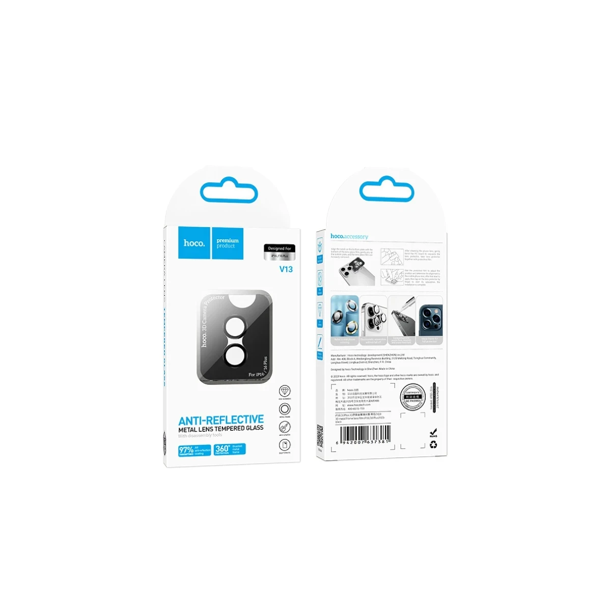 Hoco. Apple iPhone 16 3D Metal Frame Kamera Lens - Siyah