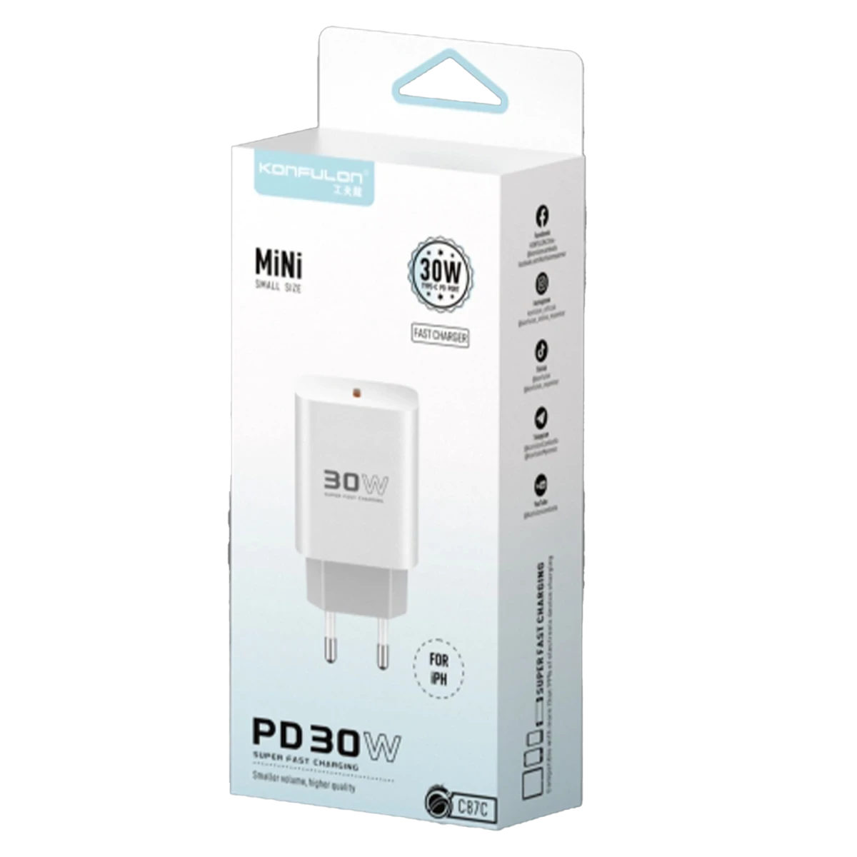 Konfulon C87C 30W Type-C Çıkışlı Ekstra DL50 1M Type-C to Lightning Kablolu PD Şarj Cihazı - Beyaz — görsel 8