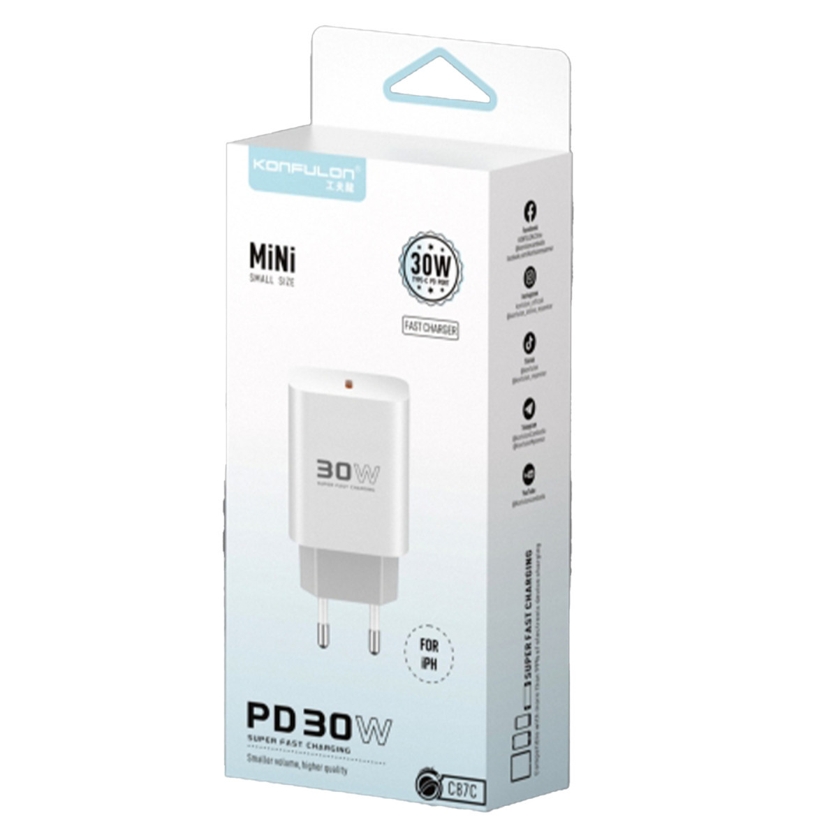 Konfulon C87C 30W Type-C Çıkışlı Ekstra DL50 1M Type-C to Lightning Kablolu PD Şarj Cihazı - Beyaz — görsel 12