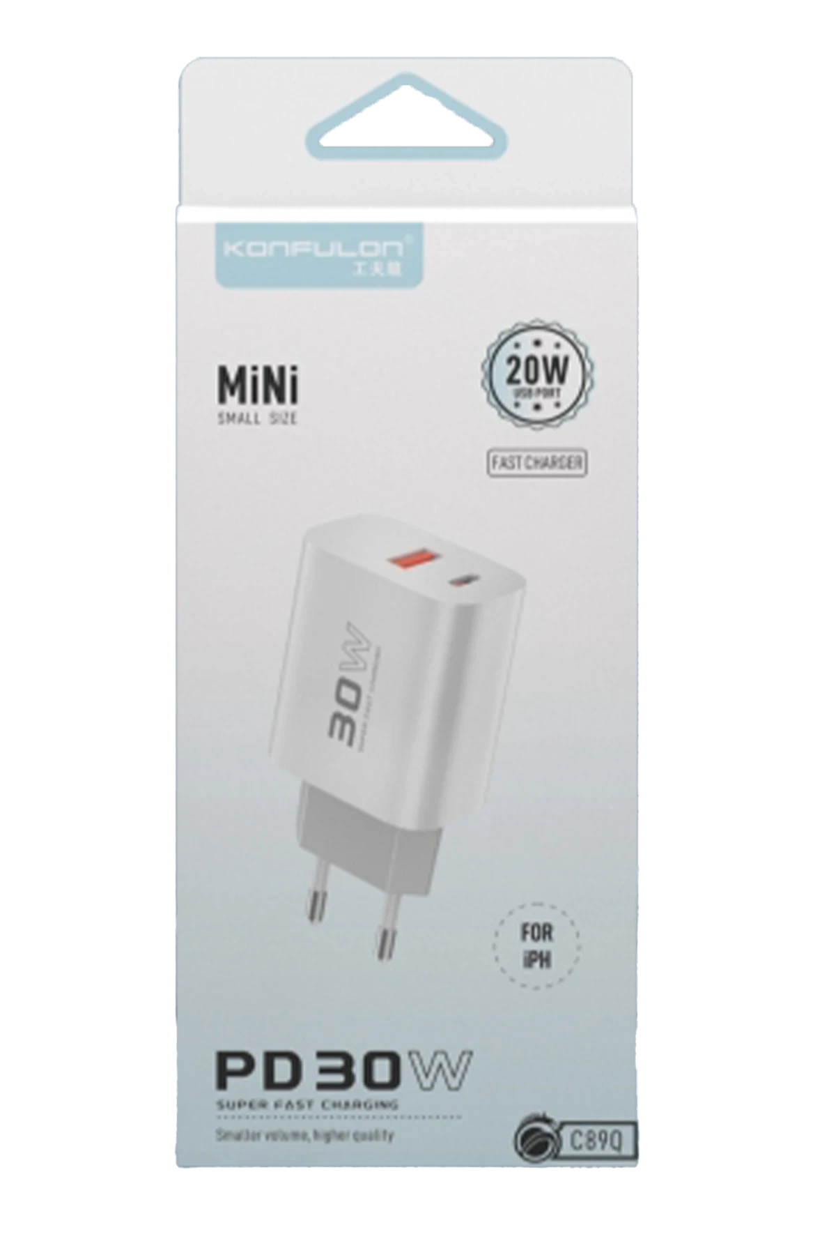 Konfulon C89Q 1 Adet 30W Type-C ve 1 Adet 22.5W USB Çıkışlı Ekstra DL48 1M USB to Lightning Kablolu PD Şarj Cihazı - Beyaz