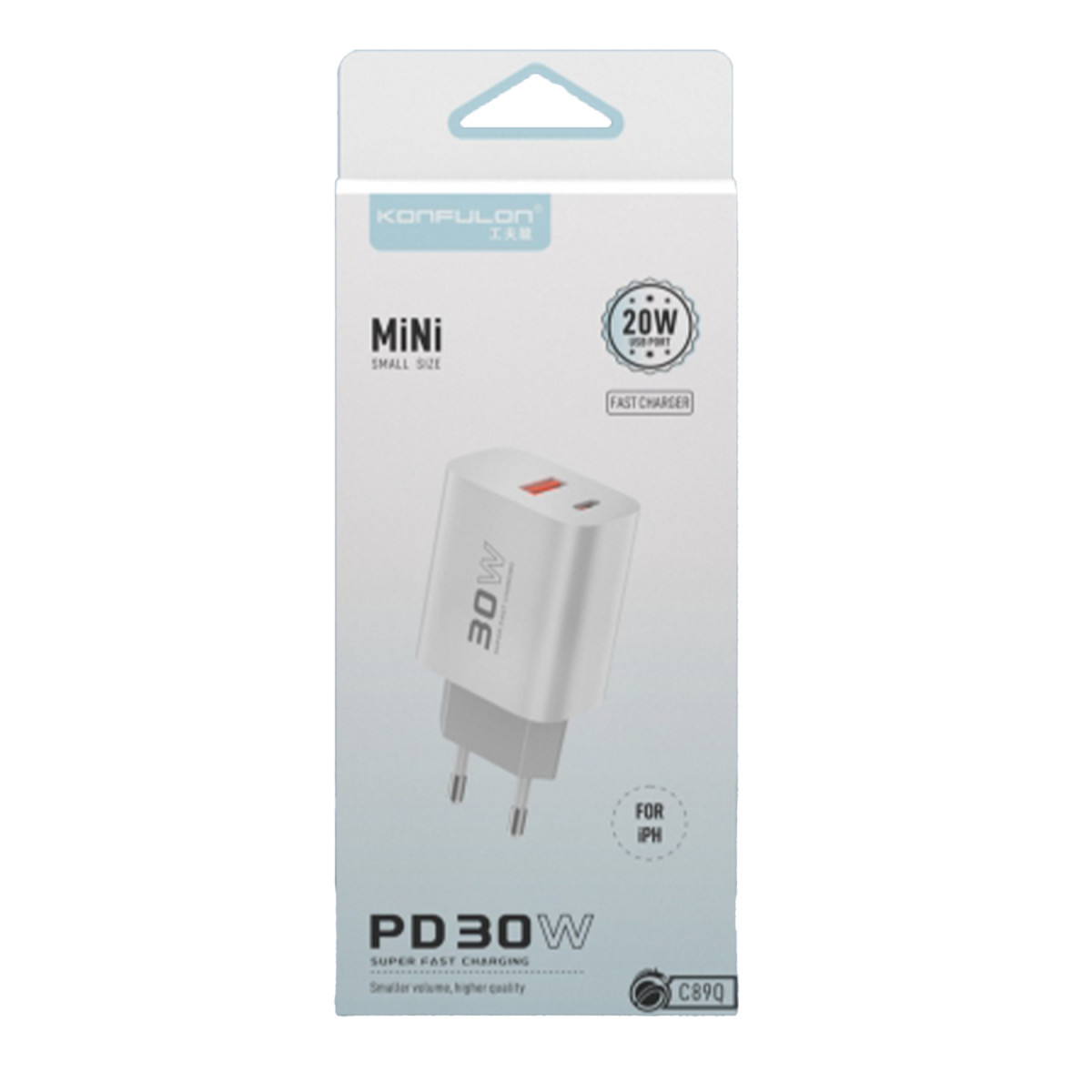 Konfulon C89Q 1 Adet 30W Type-C ve 1 Adet 22.5W USB Çıkışlı Ekstra DL48 1M USB to Lightning Kablolu PD Şarj Cihazı - Beyaz — görsel 12
