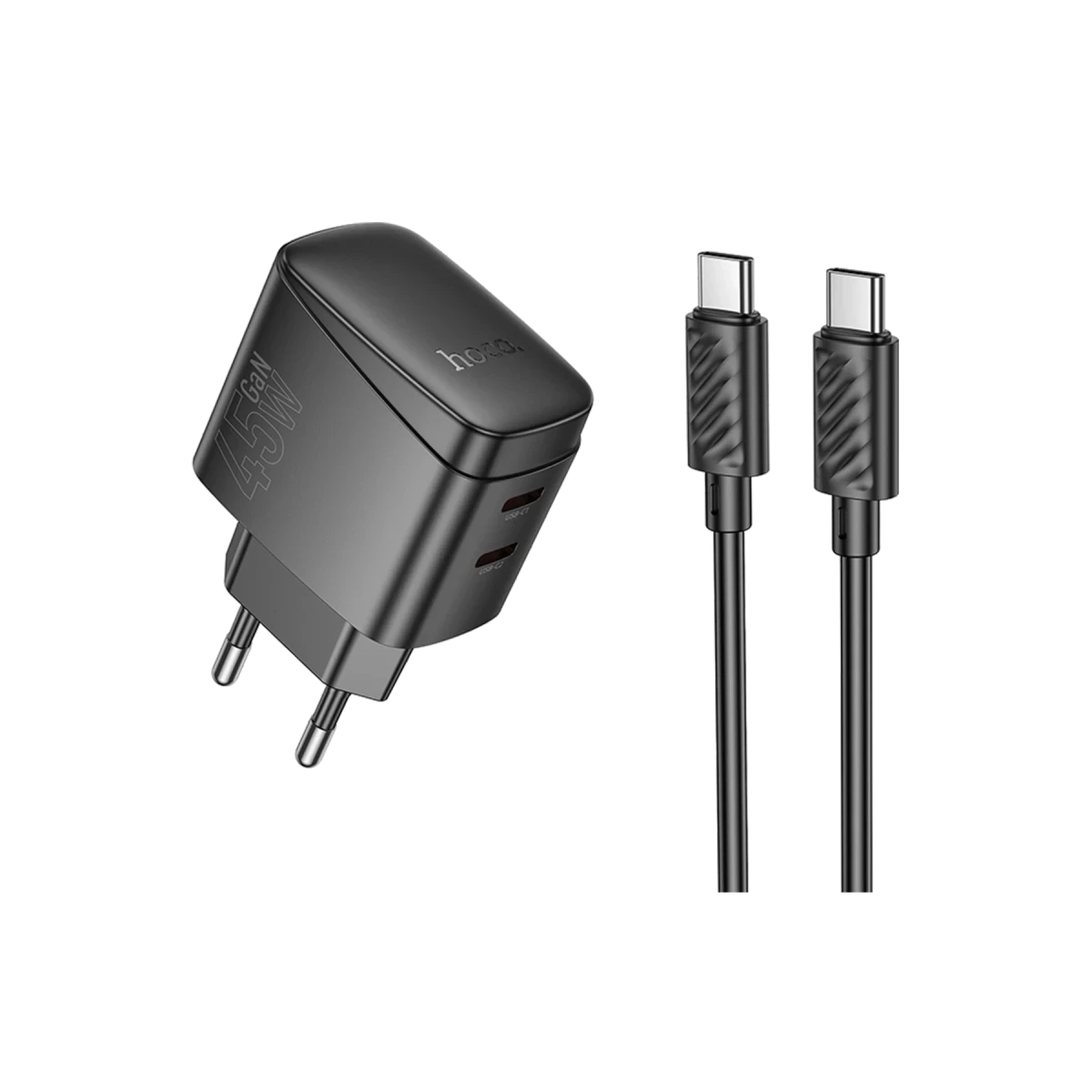 Hoco. CS62A Bright 45W 2 Adet Type-C Çıkışlı Ekstra Type-C to Type-C Kablolu PD Hızlı Şarj Aleti - Siyah