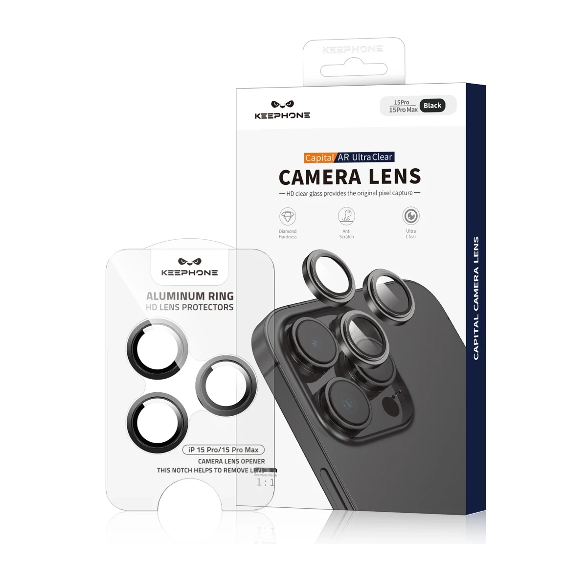 Keephone iPhone 15 Pro Max Capital Alüminyum AR Kamera Lens Koruyucu - Siyah