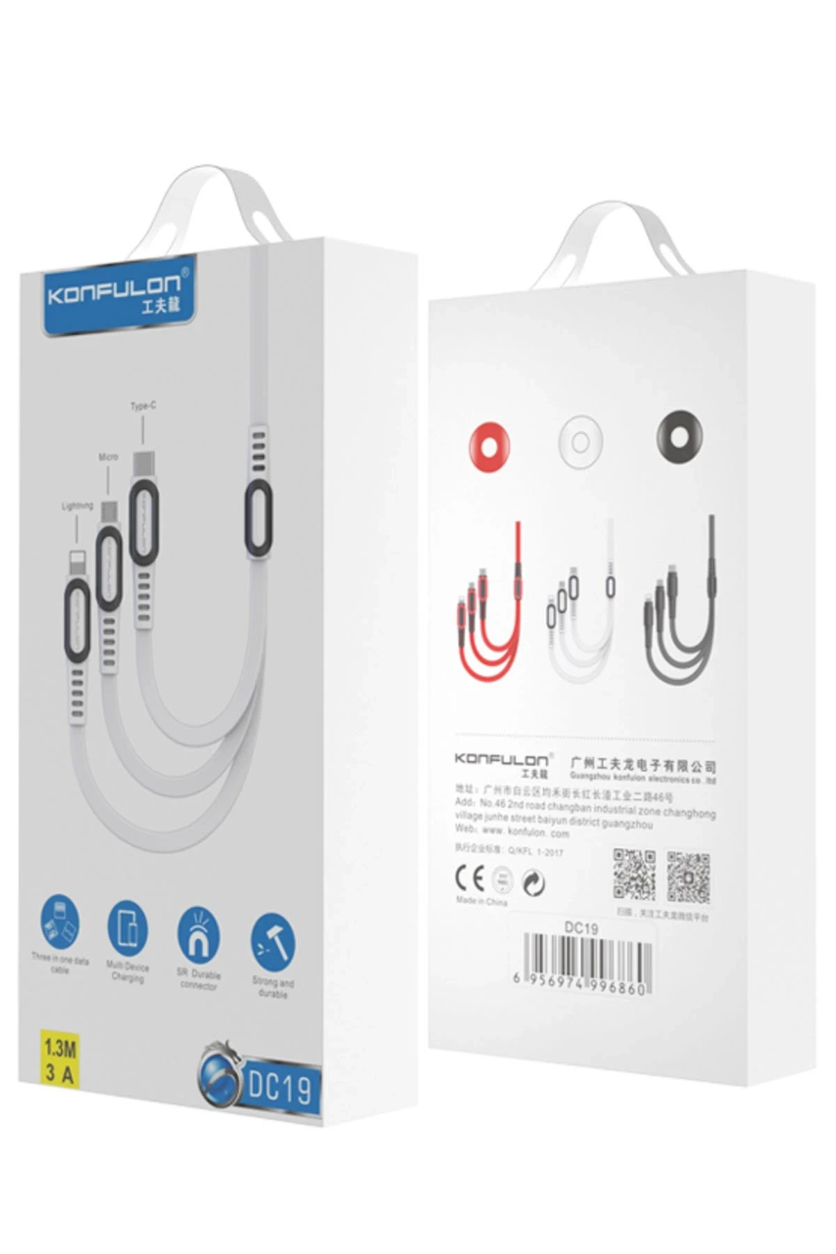Konfulon DC19 3in1 USB Kablo 1.3M 3A - Siyah — görsel 2