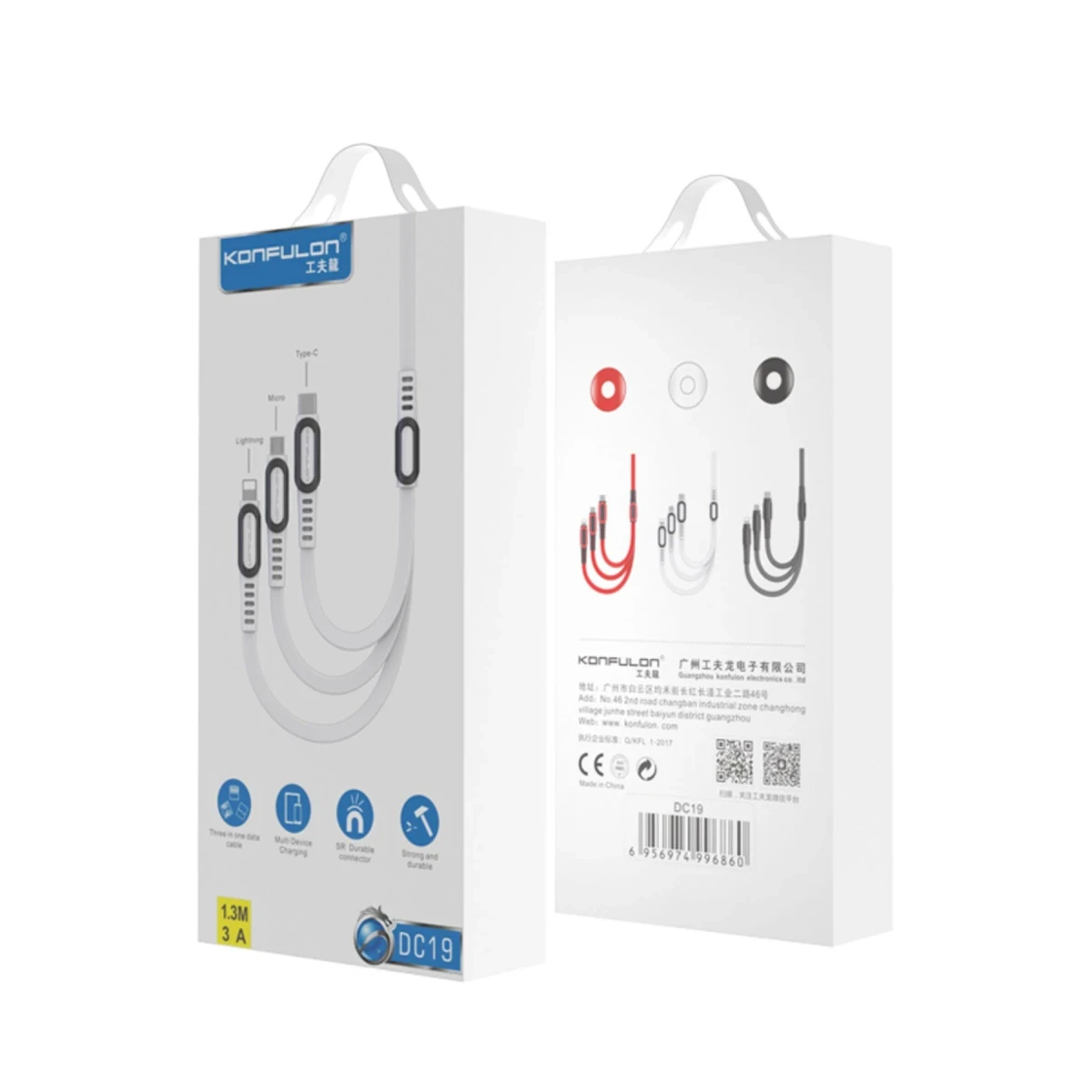 Konfulon DC19 3in1 USB Kablo 1.3M 3A - Siyah — görsel 4