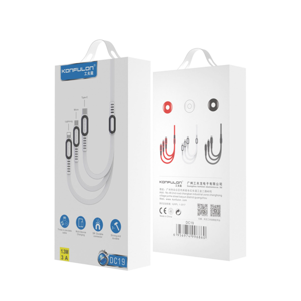 Konfulon DC19 3in1 USB Kablo 1.3M 3A - Siyah — görsel 6