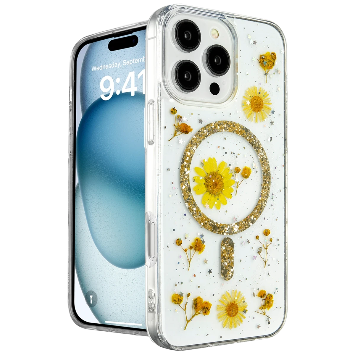 Newface Apple iPhone 16 Pro Max Kılıf Daisy Simli Magsafe Kapak - Gold