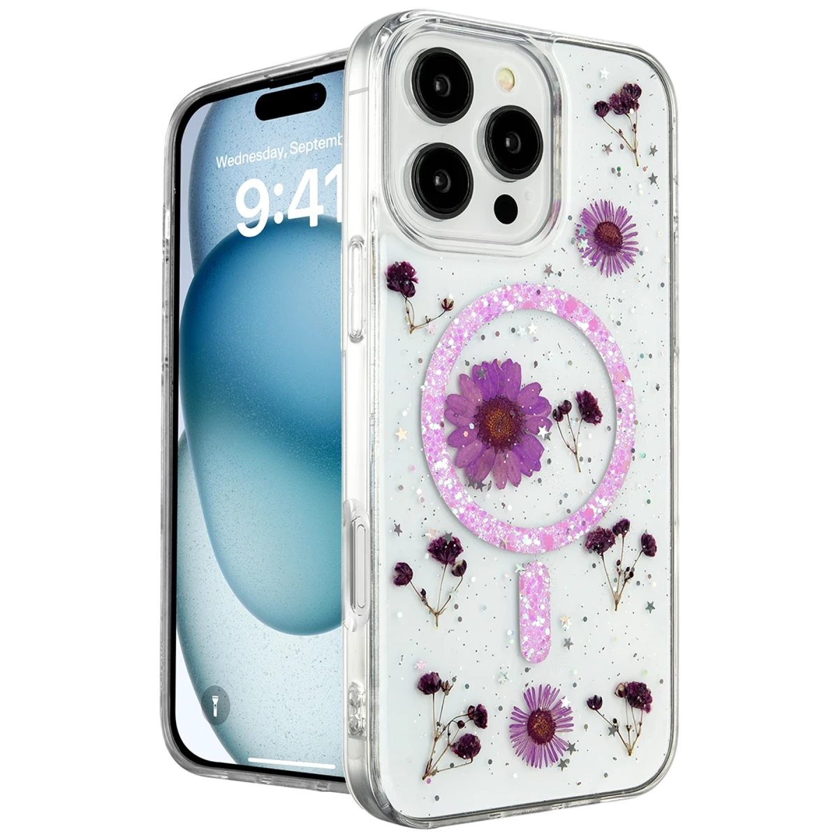 Newface Apple iPhone 16 Pro Max Kılıf Daisy Simli Magsafe Kapak - Mor