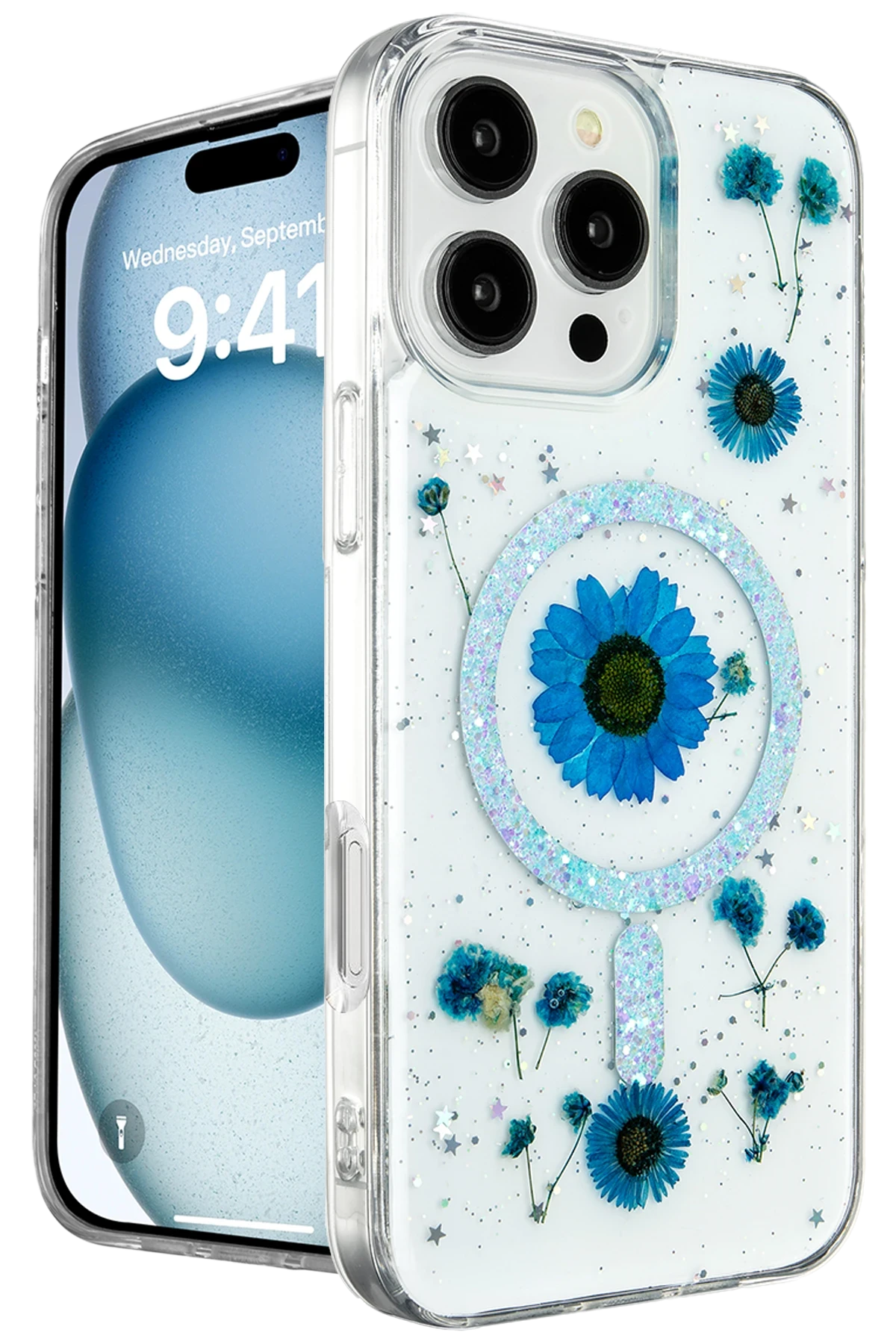Newface iPhone 16 Pro Max Kılıf Daisy Simli Magsafe Kapak - Mavi