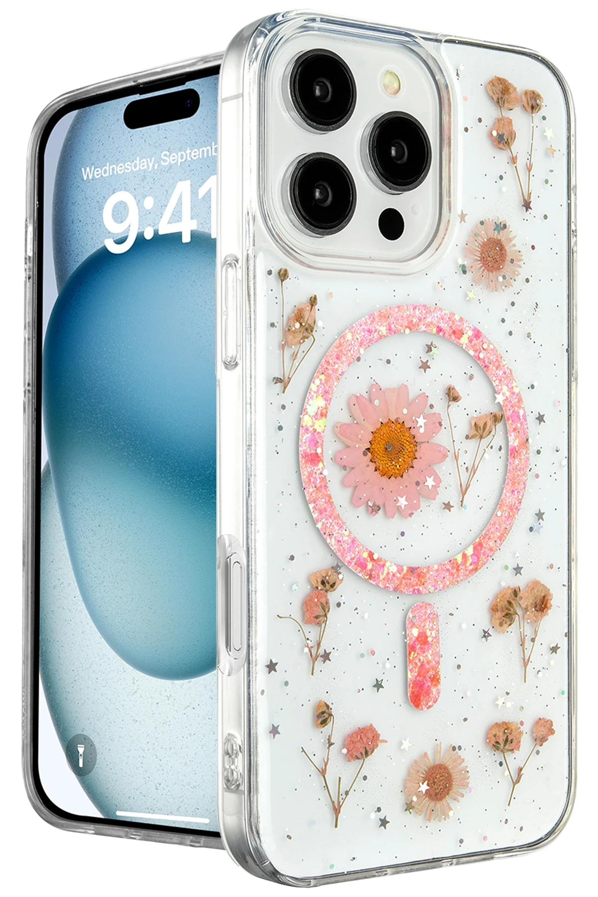 Newface iPhone 16 Pro Max Kılıf Daisy Simli Magsafe Kapak - Pembe