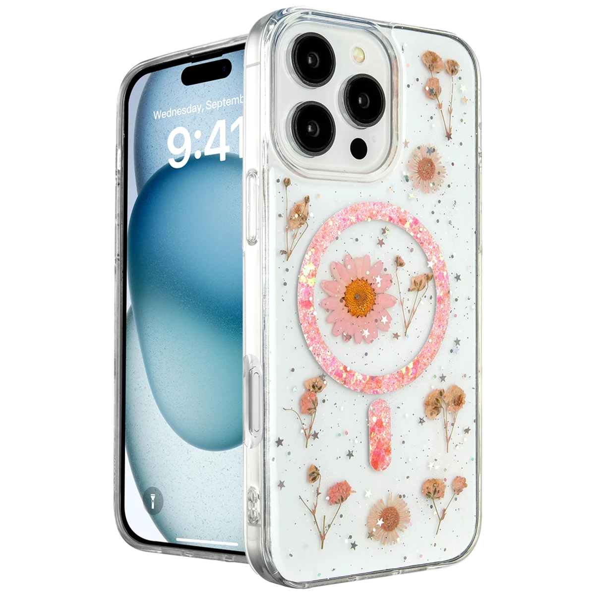 Newface Apple iPhone 16 Pro Kılıf Daisy Simli Magsafe Kapak - Pembe