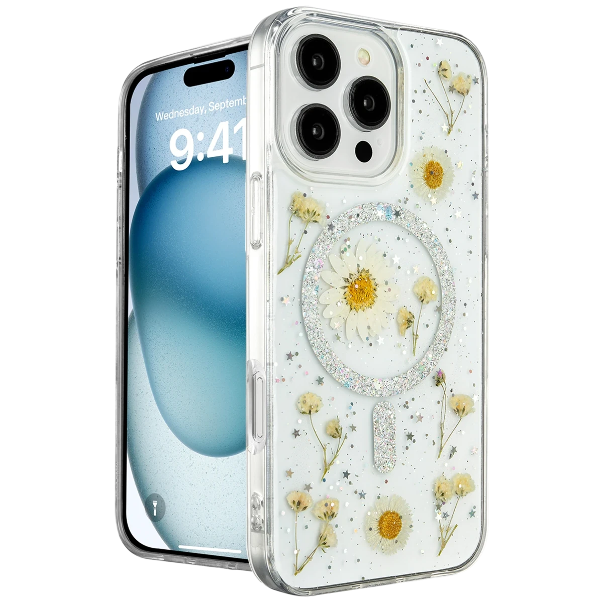 Newface Apple iPhone 16 Pro Kılıf Daisy Simli Magsafe Kapak - Gümüş