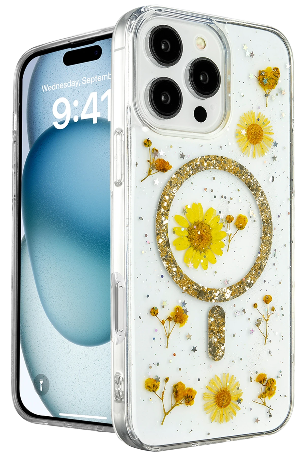 Newface iPhone 16 Pro Kılıf Daisy Simli Magsafe Kapak - Gold