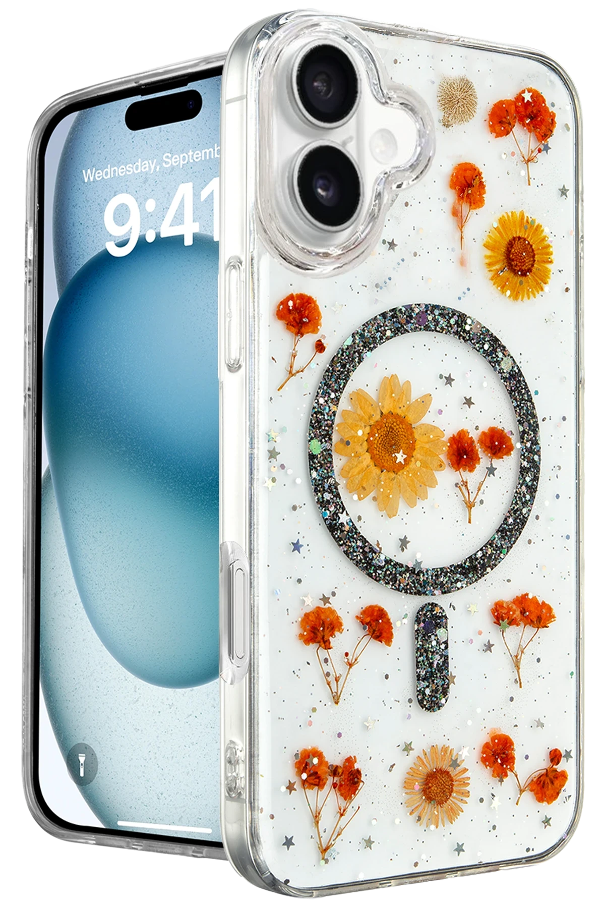 Newface Apple iPhone 16 Plus Kılıf Daisy Simli Magsafe Kapak - Siyah