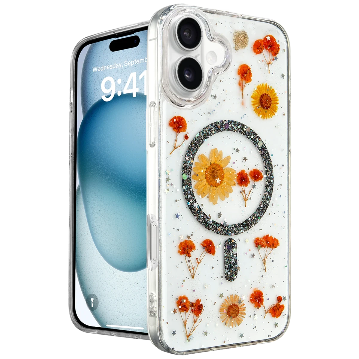 Newface Apple iPhone 16 Plus Kılıf Daisy Simli Magsafe Kapak - Siyah — görsel 4