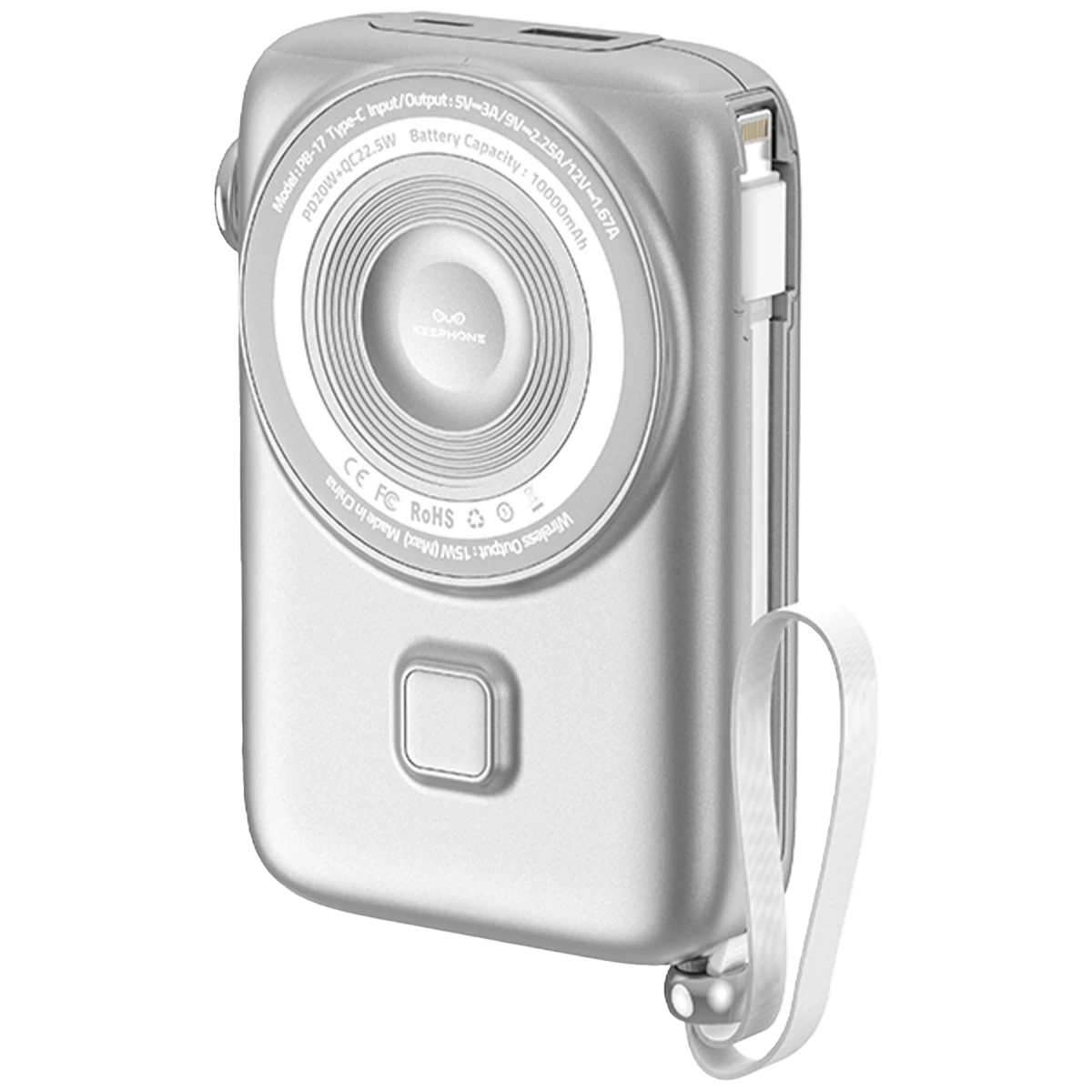 Keephone PB17 RapidPower 10.000 mAh 20W Type-C 20W Lightning 22.5W USB 15W Kablosuz Şarj PD Magsafe Powerbank - Gümüş