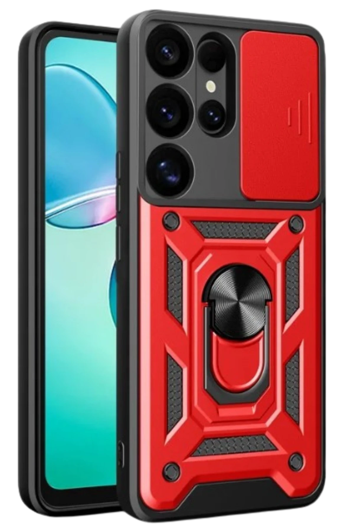 Newface Samsung Galaxy S25 Ultra Kılıf Pars Lens Yüzüklü Silikon - Kırmızı