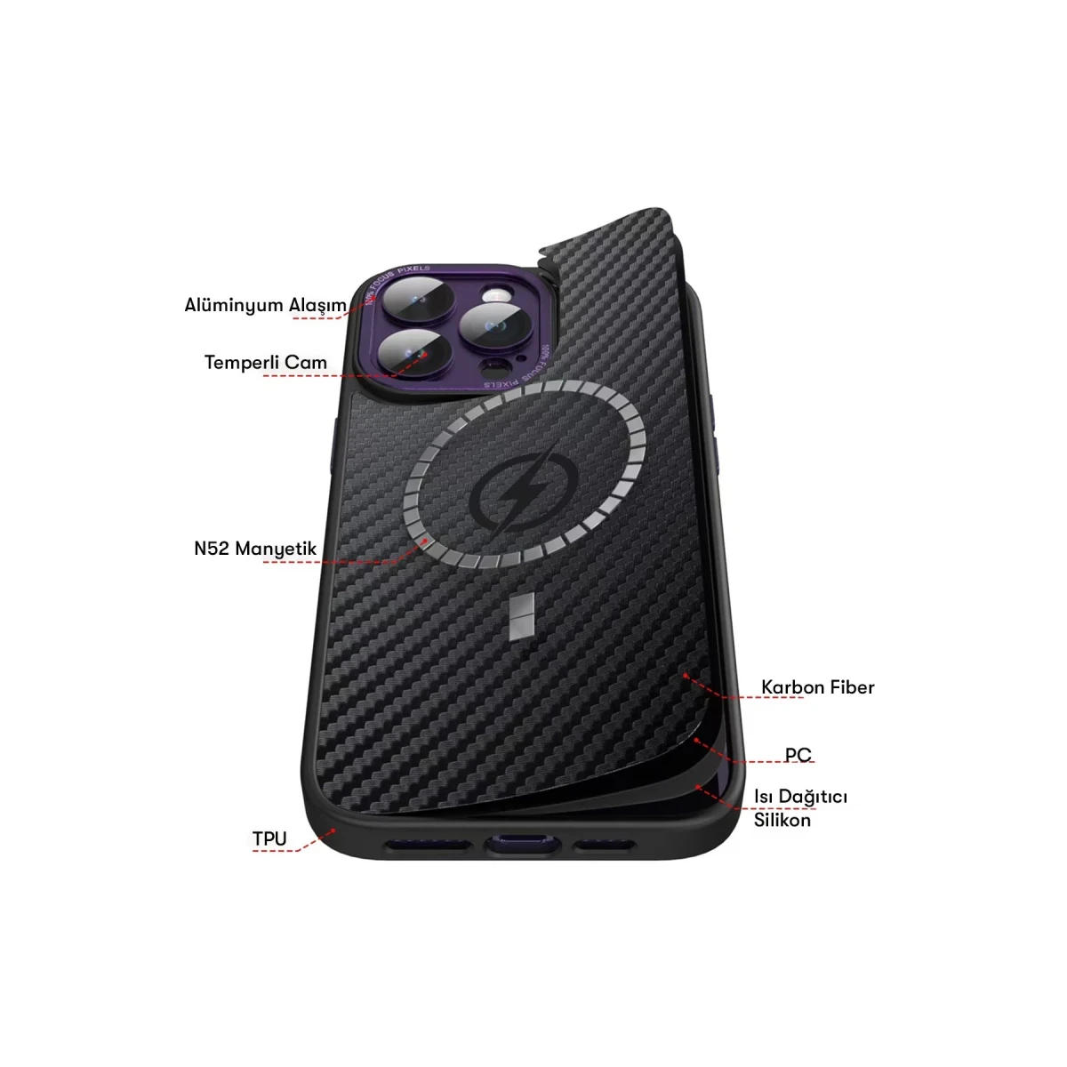Newface Apple iPhone 14 Pro Kılıf Harbon Magneticsafe Karbon Kapak - Derin Mor — görsel 8