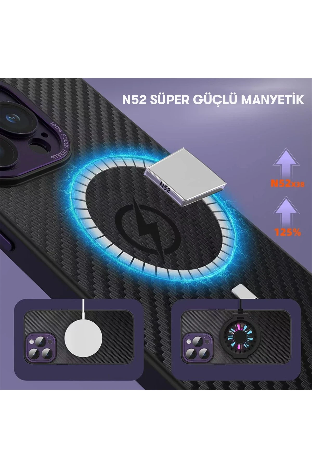Newface Apple iPhone 14 Pro Kılıf Harbon Magneticsafe Karbon Kapak - Derin Mor — görsel 5