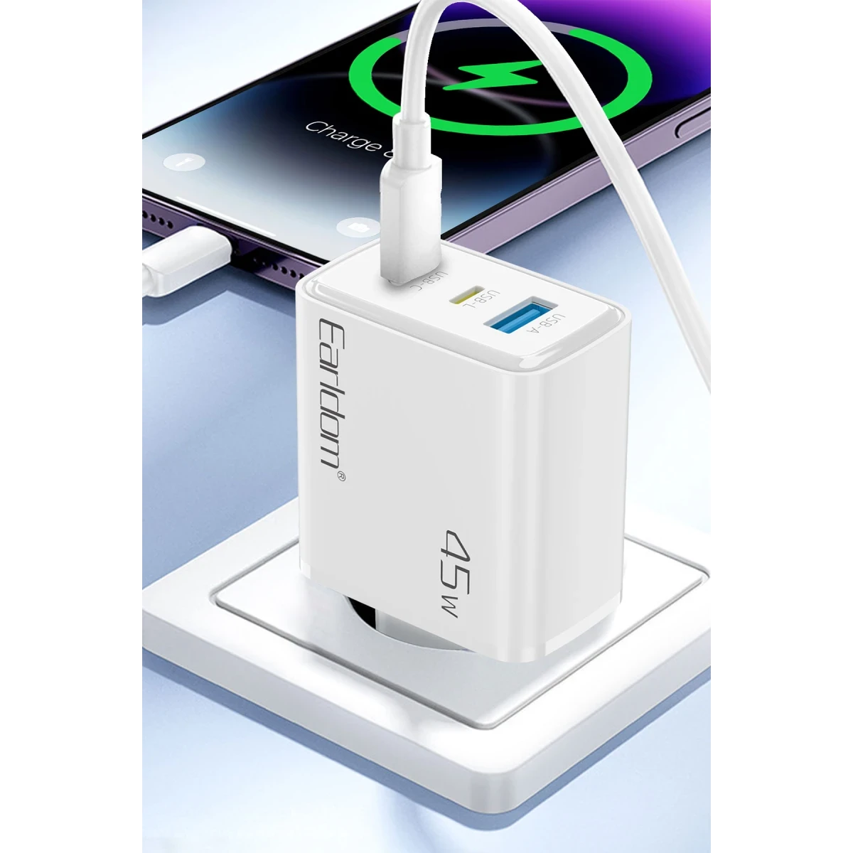 Earldom EU52 Type-C Lightning ve USB Çıkışlı 45W PD Hızlı Şarj Aleti - Beyaz
