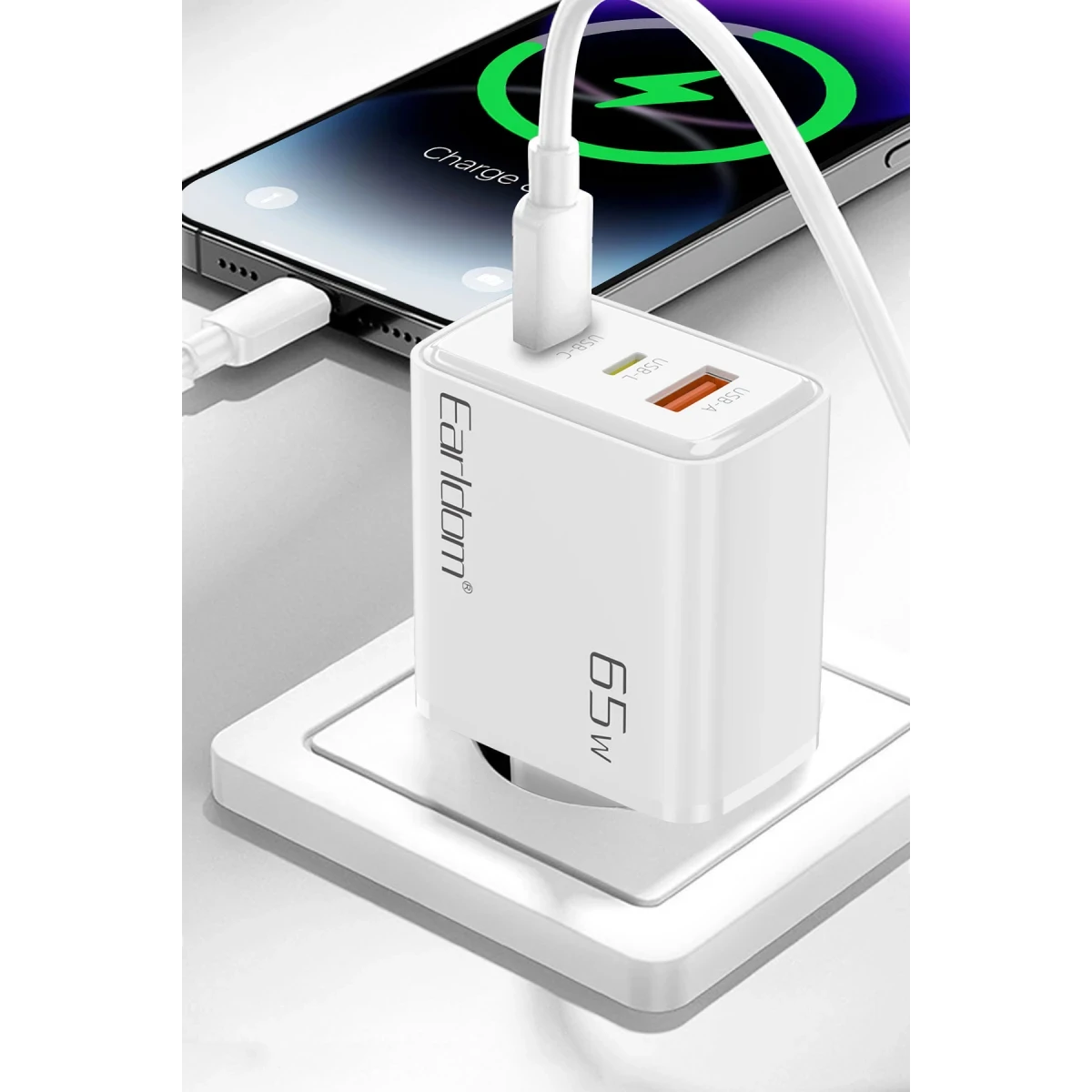 Earldom EU53 Type-C Lightning ve USB Çıkışlı 65W PD Hızlı Şarj Aleti - Beyaz