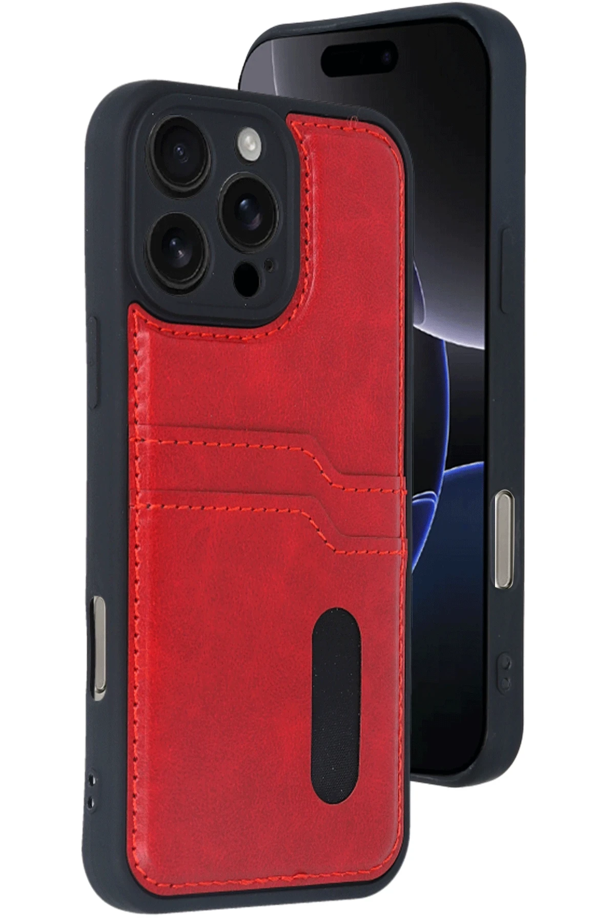 Newface iPhone 16 Pro Max Kılıf Sara Kartvizitli Deri Kılıf - Kırmızı
